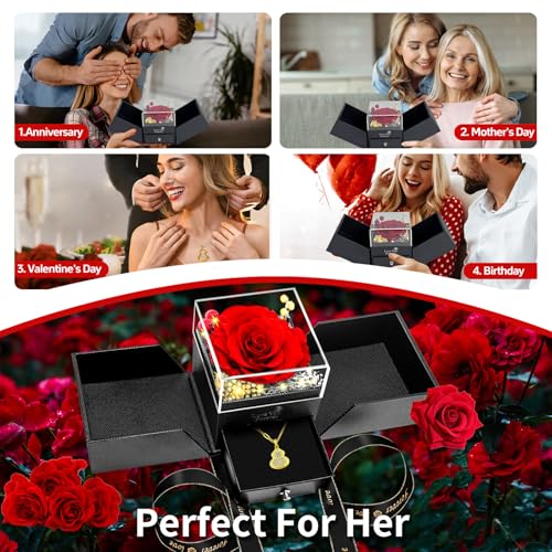 Birthday Gift for Women, Preserved Red Real Rose Jewelry Box with LED,forever roses I Love You Lucky Gourd Necklace Romantic Gift for Her Mom Wife Girlfriend on Birthday Anniversary Valentine - Image 3