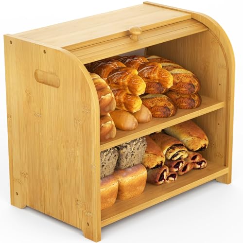 Bamboo Roll Top Bread Box for Kitchen Countertop