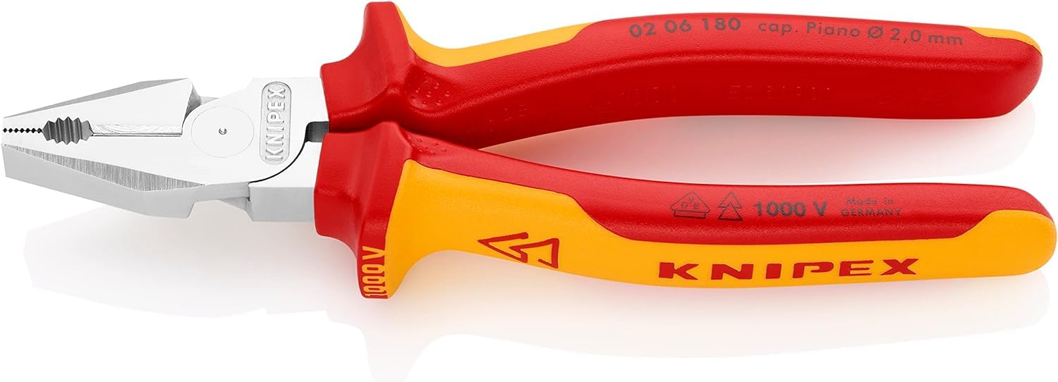 KNIPEX High Leverage Combination Pliers Self-Service Card Chrome-Plated Insulated with Multi-Component Grips, VDE-Tested 180 mm, 02 06 180 SB