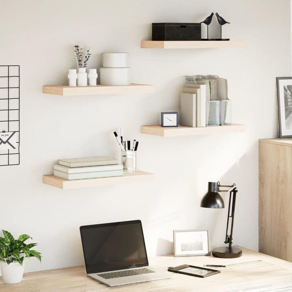 Juego de 4 estantes flotantes de 50 x 23,5 cm, estantes de pared de madera con chapa de roble, estantes rectangulares flotantes para salón, cocina y pasillo, soporte invisible