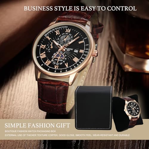 Image of Oligitdi Mens Watches Chronograph Quartz Date Calendar Stainless Steel Waterproof Luminous Business Wrist Watch (Brown)