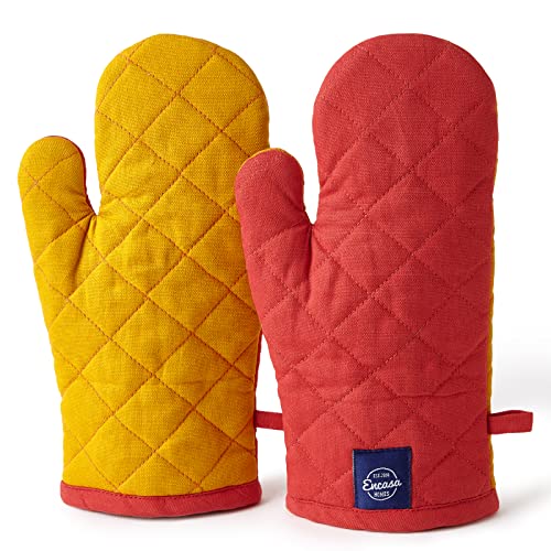 Encasa XO Heat Resistant Cotton Oven Gloves Mitts (2 Pc Set) - Quilted & Safe 12x6.6 in - for Kitchen, Cooking & Baking, Grilling, Handling Hot Pots & Pans - Mango