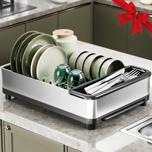 Image of Ewaiira Dish Drying Rack, 304 Stainless Steel Dish Racks for Kitchen Counter, Dish Drainers with Automatic Drainage, Utensil Holder & Cups Holder, Space Saving Kitchen Organizer (1-Tier Silver)