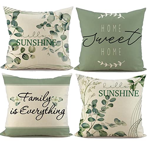 Fiberomance Spring Summer Pillow Covers 18X18 Inch Set Of 4Hello Sunshine Eucalyptus Home Sweet Home Family Is Everything Decorative Throw Pillow Covers Summer Decorations Home Decor 724 #TOP9