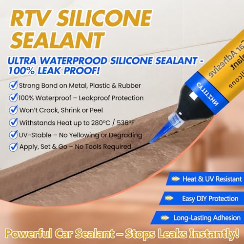 Image of RTV Silicone Adhesive Sealant for Cars - 100% Waterproof Silicone Automotive Sealant, High Strength Flexible Crack-Proof - Black Caulk for Windshield, Door, Gasket & Trim Repair (1oz /30g)