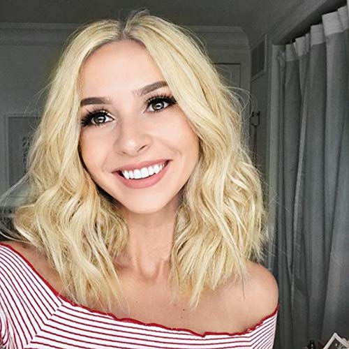 Stamped Glorious Wavy Short Wig Middle Part Shoulder Length Short Wavy Bob Wigs for Women Synthetic Natural Looking Heat Resistant Fiber Hair (Blonde)