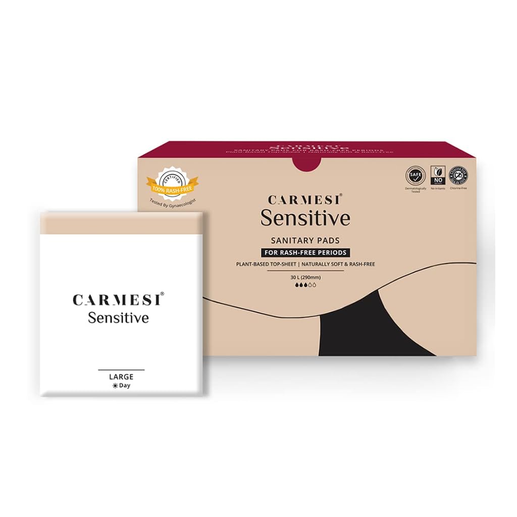 Carmesi Sensitive Sanitary Pads - Pack of 30 Pads (Large) - Certified 100% Rash-Free by Gynecologist - Natural Plant Top Sheet - No Fragrance, No Chlorine - With Disposal Bags (B08LS933KV) Amazon Price History, Amazon Price Tracker