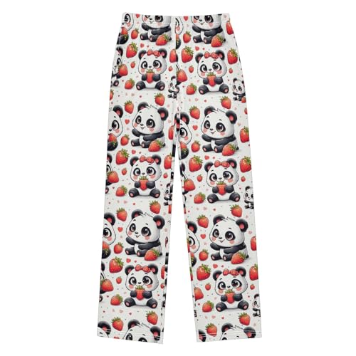Hand Drawn Cute Panda with Strawberry Pajamas Bottoms with Pockets Comfy Pjs Sleepwear Elastic Waistband Pajamas Pants Lounge Pants for 6-14 Years