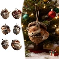 Animal Acorn Ornaments Set - 6pcs Acrylic Rustic Nature Decor with Creatures, Cozy Christmas Tree Hanging Decorations for Animal Lovers (Brown-3D)