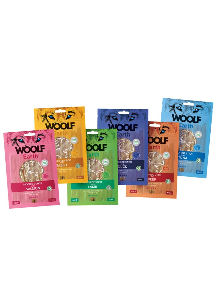 Woolf - Snack Natural - Colágeno para Perros - Pack Ahorro premios y chuches para Perros - Ternera, Cordero, salmón, Conejo, Pato y atún - 85gr - 6uds (Pack Surtido Woolf Earth Talla S 6x90gr)