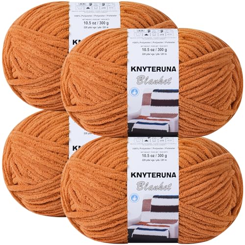 Image of #6 Super Bulky Blanket Yarn for Crocheting - 4 Skeins(Each 10.5oz /300g, 220yds /201m), Chunky Chenille Thick Plush Big Soft Yarn for Crocheting Knitting Blankets, Pumpkin Orange