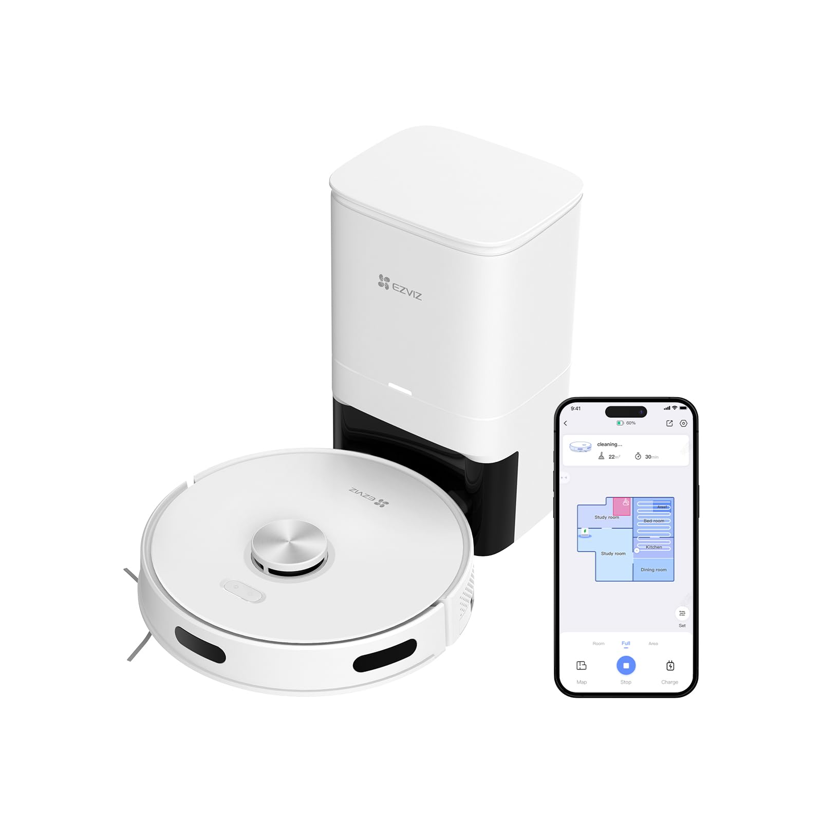 EZVIZ Robot Aspirapolvere Lavapavimenti con Base a Svuotamento Automatico Polvere, Navigazione LiDAR Rilevamento Ostacoli, Aspirazione 4000Pa, Batteria da 180 min, Controllo APP/Alexa, RE5 Plus