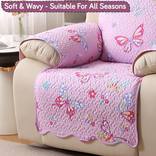 Image of HOKIPO 'FloraWave Series' Recliner Sofa Slipcover Mat for 1 Seater | 1-Piece Design & Dual Belt Protection to Avoid Slipping of Cover, Blush Pink Butterfly (AR-6264-D4)