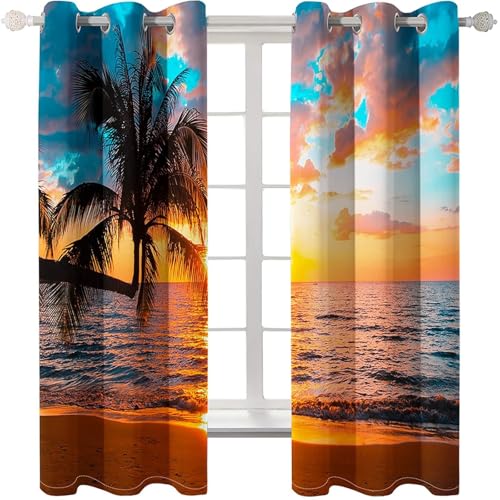 Homxi Cortina para Salón Blackout 2 Paneles,2 x 107W x 183H CM,Cortinas de Cocina con Ojales Paisaje de Cocoteros Playa y Puesta de Sol Cortinas Naranja Marrón Azul Ventana Habitación