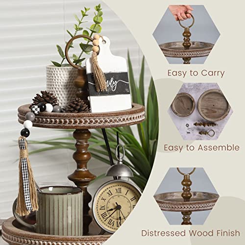 Festwind Two Tiered Tray Beaded- Decorative Beaded Kitchen Island Decor - Small Wooden Tiered Tray Stand For Holidays - Lovely Farmhouse Gift Rustic Brown #TOP3