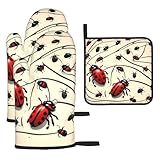Art Ladybug - Juego de 4 manoplas de horno y soportes para ollas, resistentes al calor, impermeables, antideslizantes, guantes de barbacoa, almohadillas calientes para cocina, decoración de hornear