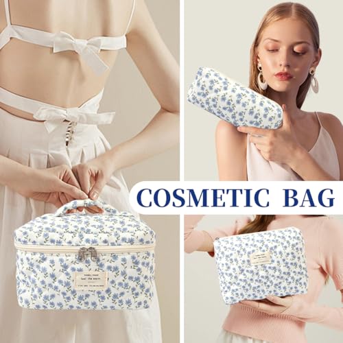Medium Makeup Bag Quilted Cosmetic Bag, Big Floral Make Up Bag for Women Girls, Cute Cotton Makeup Bag, Flower Travel Toiletry Organizer Bag(Rhombus Pink Flower)4