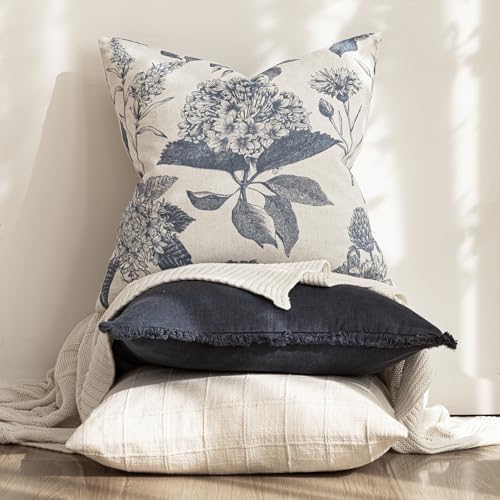 Image of Foindtower Set of 2 Linen Floral Vintage Throw Pillow Covers Neutral Accent Print Decorative Cushion Covers Farmhouse Boho Home Decor for Sofa Chair Couch Bedroom Living Room,20x20 Inch,Blue