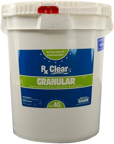 Rx Clear Cloro granular estabilizado Un cubo de 40 libras Uso como bactericida, algicida y desinfectante en piscinas y spas Disolución rápida y
