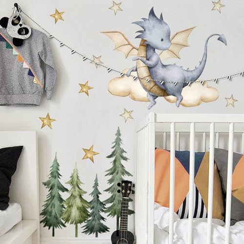 Image of Shguaji Baby Dragon Wall Decals Stars Clouds Forest Nursery Wall Stickers Removable Livingroom Kids Room Playroom Library Nursery Classroom Wall Decor