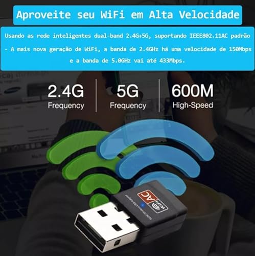 Genérico Adaptador Wi-Fi Dual Band 2.4/5GHz 600Mbps, Wi-Fi 802.11ac/a/b/g/n, Portátil e Compacto