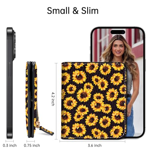 Image of Toughergun Sunflower Floral RFID Small Wallet Women, Slim Thin Vegan Leather Bifold Wallet with Zipper Coin Pocket & ID Window, Cute Mini Credit Card Holder Gift for Women Ladies Teen Girls