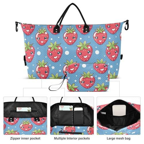 Cartoon Strawberry Sapphire Blue Decorative Overnight Carry On Tote and Luggage Gym Sports Carry with Adjustable Strap for Airplane Traveling Large Capacity maletas para gimnasio2