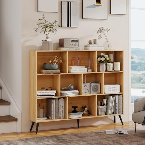 GarveeHome Wooden 3-Tier Open Shelf Bookcase, 10 Cubes Bookshelf, Freestanding Book Shelf Storage Organizer with 5 Iron Legs for Home Office, Living Room, Bedroom, Natural