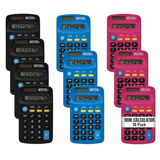 Pocket Size Mini Calculators, 10 Pack, Handheld Angled 8-Digit Display, by Better Office Products, Standard Function, Assorted Colors (Blue, Black, Pink), Dual Power with Included AA Battery Power