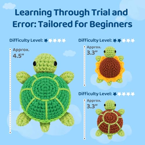 Image of Mewaii Beginner Crochet Kit with 40% Extra Yarn, Pre-Started Yarn & Video Tutorials - 3 Sea Turtles Craft Set for Adults & Kids