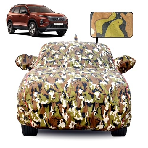 Image of Waterproof Car Body Cover for Tata Safari (2015-2020) with Mirror Pocket, Soft Cotton Lining, Triple Stitched, Full Bottom Elastic (Heat Resistant Jungle Print with Red Piping)