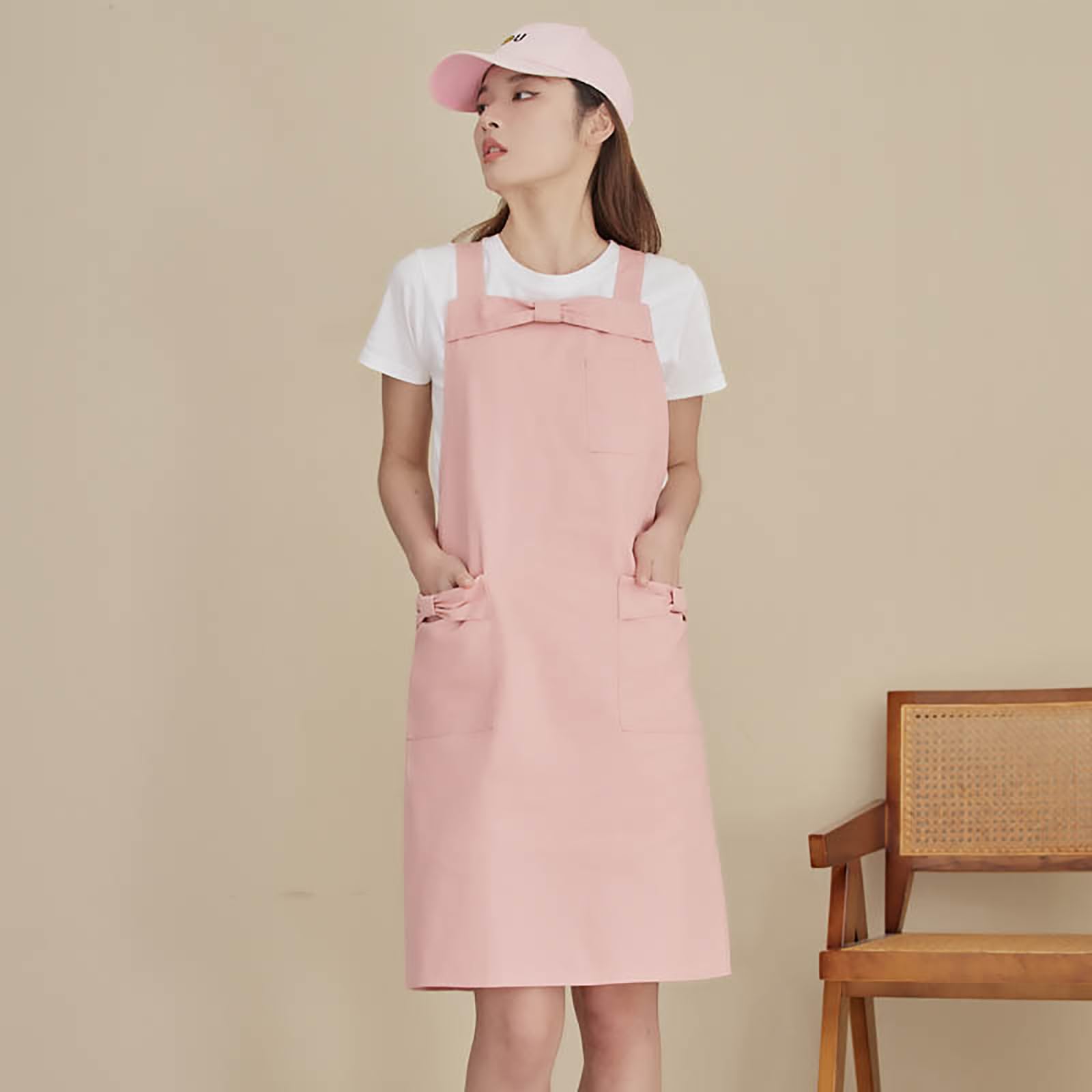 Tablier De Cuisine pour Femme, Tablier De Travail Réglable À Dos Croisé, Joli Tablier Imperméable À Nœud avec Poches,One Size,Pink