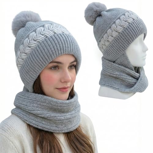 Image of Kraptick Women's Winter Cap and Scarf Set- Thick Fleece Lined Knitted Beanie Hat and Neck Warmer Muffler for Ladies, Stretchable & Soft Woolen Snow Proof for Extreme Cold -6