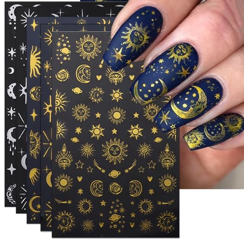 8 Sheets Gold Sun Nail Art Stickers - Sliver Moon Star Self-Adhes...