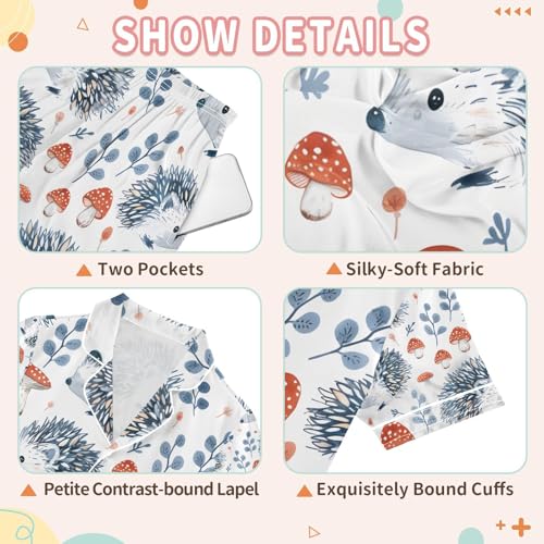 senya Hedgehog and Mushrooms Satin Summer Pajama Sets Silk Short Sleeve Button Down Sleepwear3