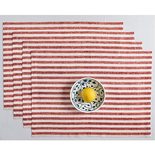 Image of Solino Home 100% Linen Placemats, 14 x 19 in, Red, Amalfi Stripe, Set of 4