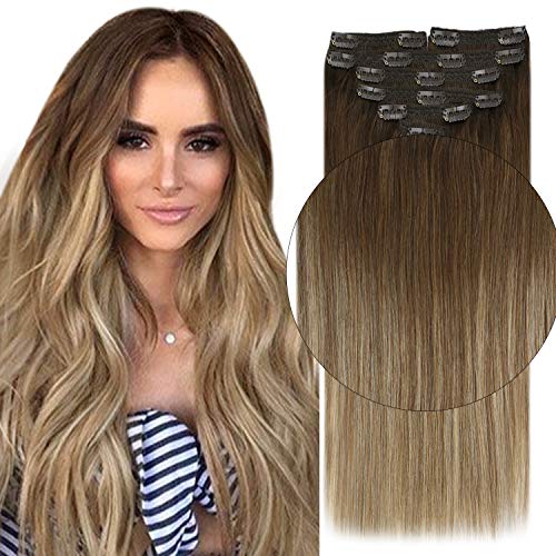 Sunny Clip in Human Hair Extensions Ombre 18 inch Brown Clip in Hair Extensions Ombre Balayage Dark Brown to Medium Blonde Silky Straight Clip on Hair 7pcs 120g