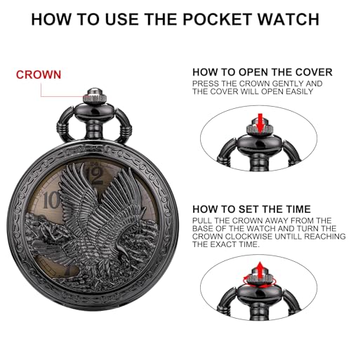 Image of SIBOSUN Eagle Design Pocket Watch with Chain Oversized 50MM 1.96 Inch Quartz Movement Arabic Numerals Half Hunter Cover Analog