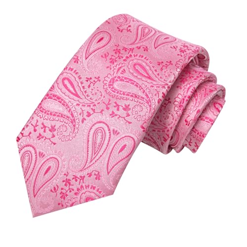 Image of Hi-Tie Paisley Pink Ties Set for Men Woven Necktie and Lapel Pin Pocket Square Cufflinks Sets Formal Business Wedding