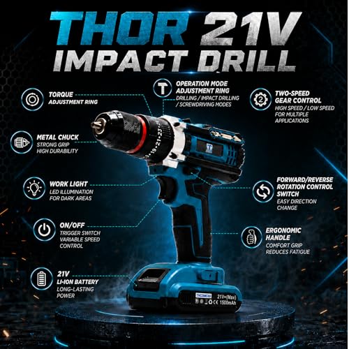 Image of THOR 21V Cordless Drill, 10mm Metal Chuck, 350-1350 RPM, 2x1500mAh Li-Ion Batteries, for Wood Metal Masonry, with Carry Case