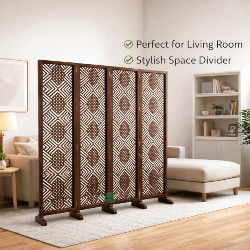 Image of Wooden Room Divider 6 Feet, 4-Panel Folding Wooden Partition for Living Room, Office, Pooja Room, Restaurant, Kitchen & Balcony (2W x 1.82H Meters). (Brown-Mixed Design)