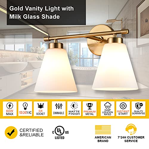 Hamilyeah Gold Bathroom Vanity Light Fixture With Frosted Glass Shade, 2 Light Vanity Lighting Fixture Over Mirror, 2 Bulb Wall Lamps For Bathroom, Restroom, Living Room, Ul Listed #TOP1