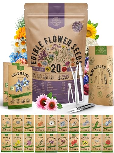 Organo Republic 20 Edible Flower Seeds Variety Pack- Indoor/Outdoor. 7000+ Non-GMO Heirloom: Borage Bergamot Nasturtium Chives Cape Daisy Hyssop Zinnia Seeds & More