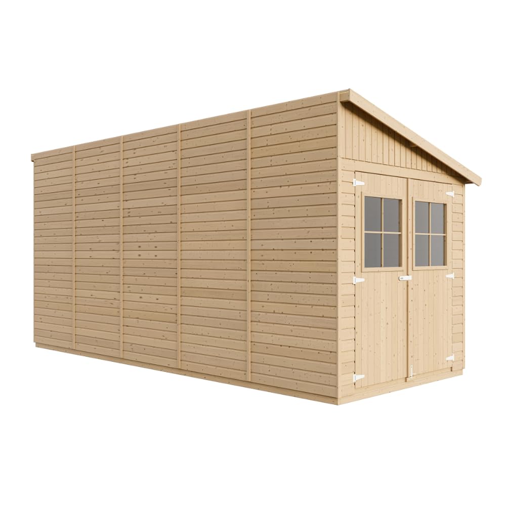 Cobertizo de Madera para jardín con Pared Lateral – H244x218x514 cm/10.1m2 Cobertizo de Madera Natural - Taller de Jardín - Bicicleta, Almacenamiento de Herramientas TIMBELA M341A