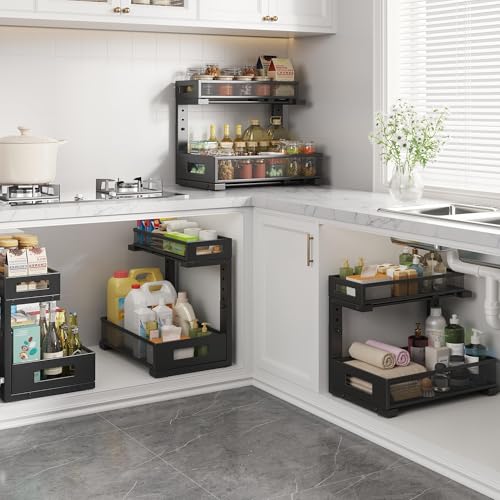 Image of 2-Pack Under Sink Storage Organizer, Large 2-Tier Elegant Mesh Pull Out Shelf for Kitchen and Bathroom Cabinet Organization, L-Shaped and Adjustable Height Design,Patent Pending-Black