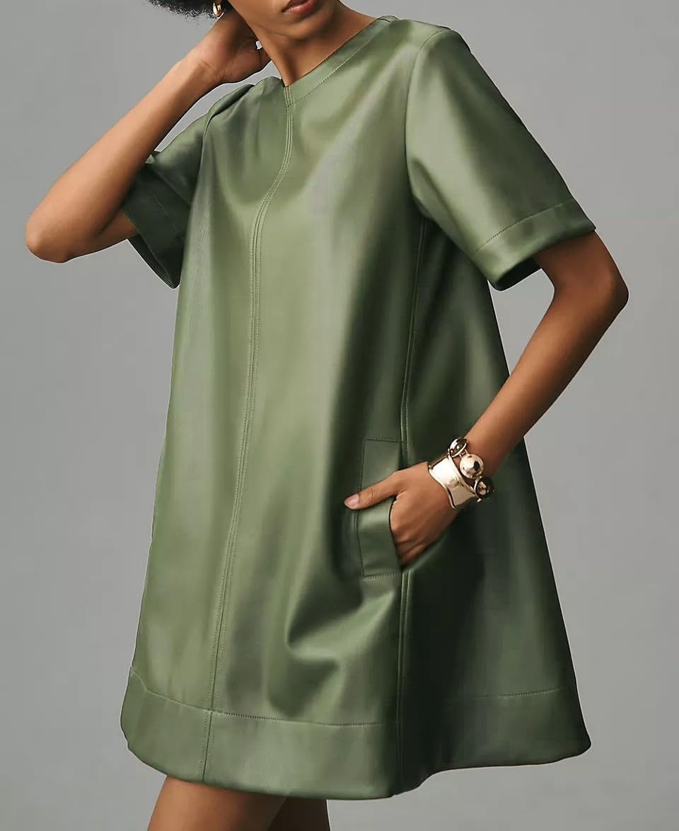 Women Faux Leather Mini Dress Short Sleeve Crew Neck A Line Flowy Swing PU Party Dress with Pockets - Image 2