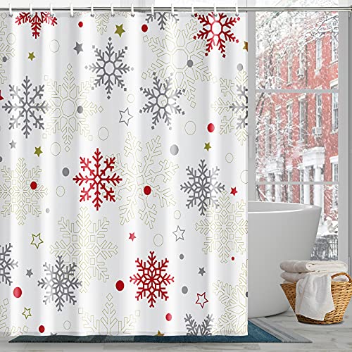 Christmas Shower Curtain Winter Snowflakes Shower Curtain Red Grey Big Small Snowflakes Holiday Shower Curtain With Hooks Waterproof Washable Polyester Fabric Merry Xmas Bathroom Decor (W59”×H71”) #TOP5
