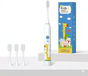 Escova Dental Infantil Elétrica Ultrassônica Recarregável USB com 4 Refis, Limpeza Suave para Crianças Branca Girafa