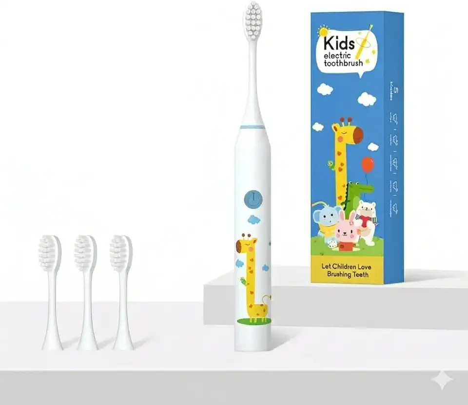 Escova Dental Infantil Elétrica Ultrassônica Recarregável USB com 4 Refis, Limpeza Suave para Crianças Tema Girafa