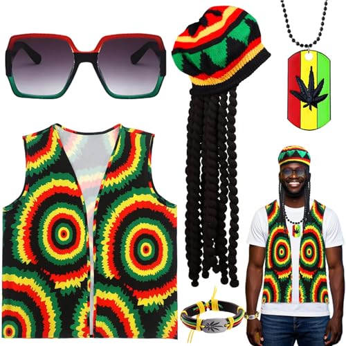 Saier tbo 5 Pièces Set Accessoires de Déguisement Rasta, Kit Costume Reggae Jamaïcaine avec Dreadlocks Perruque Gilet Tie-dye Lunettes Collier Bracelet Tressé pour Homme Femme Carnaval Cosplay Fête